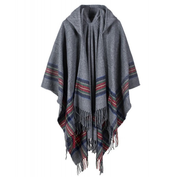 SAMGOO Women's Hooded Stripe Poncho Cape Loose Fit Tartan Shawl Wrap Tassel Long Cardigans - Grey - CE187Q8KSGQ