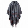 SAMGOO Women's Hooded Stripe Poncho Cape Loose Fit Tartan Shawl Wrap Tassel Long Cardigans - Grey - CE187Q8KSGQ