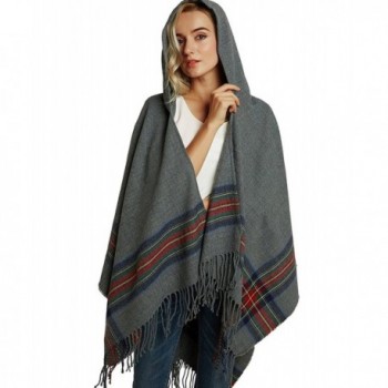 Women's Hooded Stripe Poncho Cape Loose Fit Tartan Shawl Wrap Tassel ...