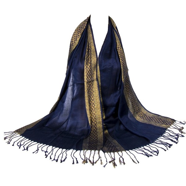 Ladies Women Tassel Spun Gold Tone Pashmina Scarf Shawl Wrap Cotton Scarves - Navy Blue - C112N7YU8OD