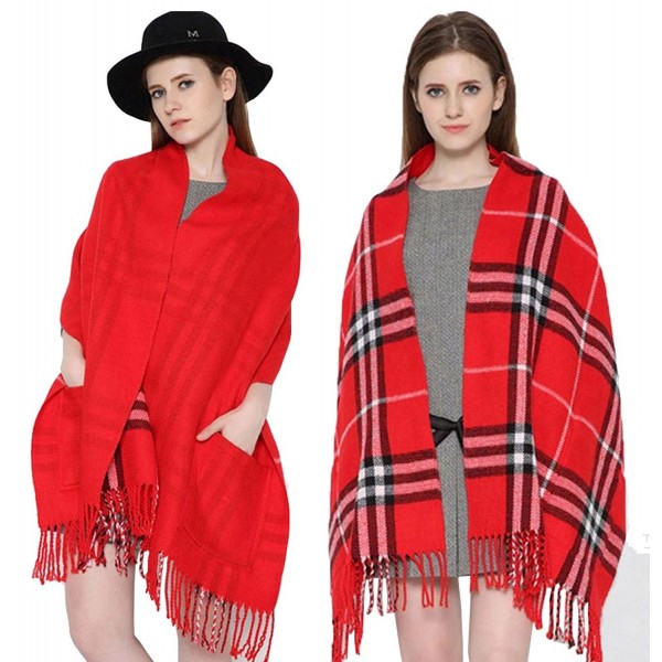 Longwu Cashmere Feel Blanket Scarf Super Soft with Two Pocket and Tassel Warm Shawl for Women - Red - CB187LDEN0G