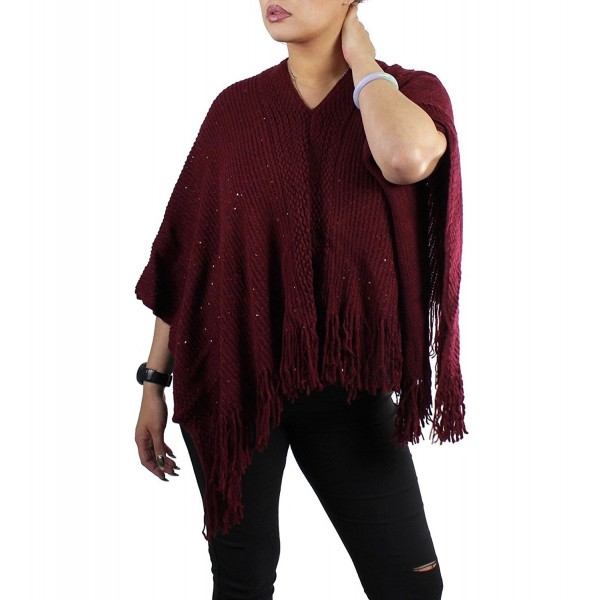 Bohemian V-Neck Sequined Tasseled Short Poncho - Maroon - CD127YK8PFH