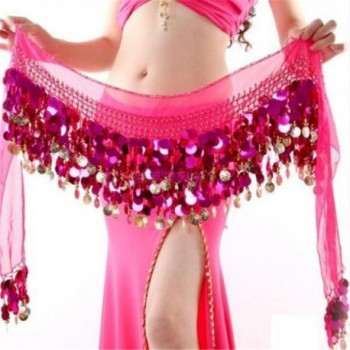 ZYZF Gold Coin Belly Dance Hip Scarf Skirt Wrap Dancing Costume Sequin Waistband - Hot Pink - CP12G17XLPX