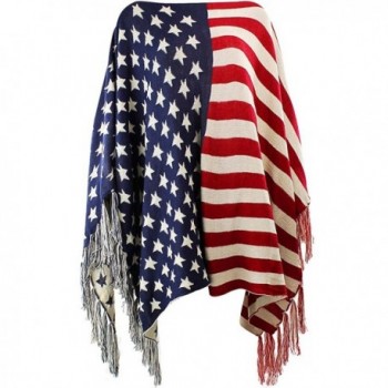 American Flag Print Knit Poncho With Fringe - CK12N7Y6LBR