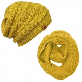 ALLYDREW Thick Knitted Winter Infinity Circle Scarf and Slouchy Beanie Set - Mustard - CT12KOHVM8J