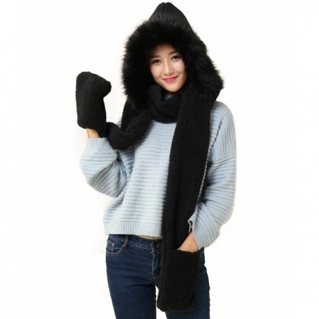 Winter Warm Women Siamese Hoodie Gloves Pocket Earflap Hat Long Scarf ...