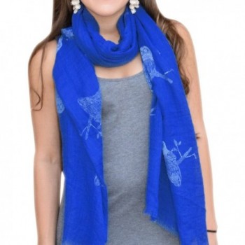 Peach Couture Lightweight Graphic Animal Owl Print Summer Fringe Scarf - Blue White - CC11YOSVMG7