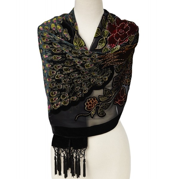 Pashmina Peacock Beaded Velvet Silk Tassels Embroidered Scarf Wrap Shawl - Black - CA12MS5DAQB