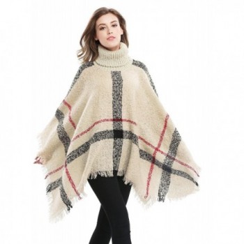 Bellady Women's High Collar Batwing Tassels Poncho Cape Winter Knit Sweater Cloak - Beige - CX1261ZJZJV