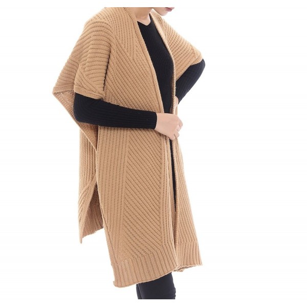 Bruceriver Women's Knitted Wool Feel Open Front Poncho Wrap Cardigan Sweater Topper - Camel - CL18623N898