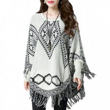 QZUnique Women's Batwing Tassels Poncho Cape Shawls Sweater Cloak Sleeves - Creamy White - CZ1895DL9AM