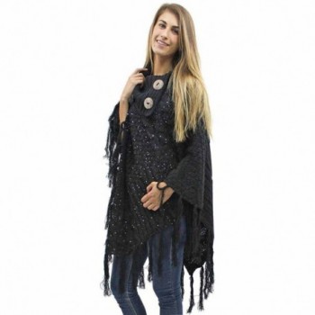 Black Cable Knit Turtleneck Poncho With Sequins & Long Fringe - CR127O66IP5