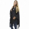 Black Cable Knit Turtleneck Poncho With Sequins & Long Fringe - CR127O66IP5