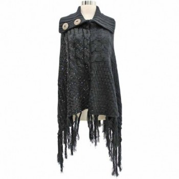 Black Turtleneck Poncho Sequins Fringe in Wraps & Pashminas