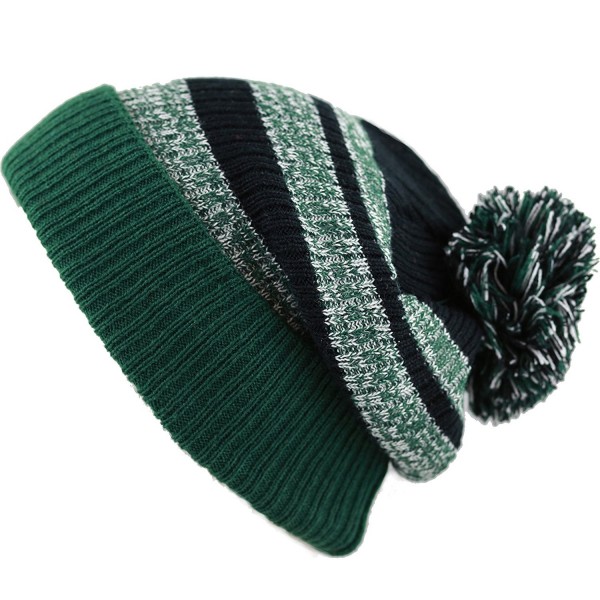 THE HAT DEPOT Winter Striped Cuffed Pom Pom Knit Soft Thick Beanie Skully Hat - Green-black - C012N42CTM3