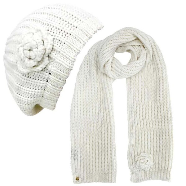 Feminine Rosette Knit Beret Hat & Scarf Set - Ivory - CH110JONUPB