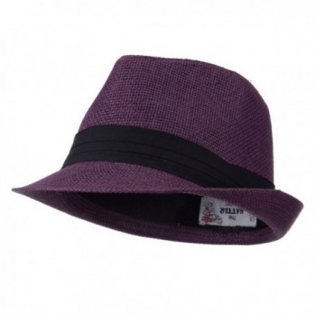 Pleated Hat Band Straw Fedora Hat - Purple - Purple - CF11E8U1TZZ