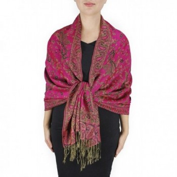 Bazzaara Elegant Double Layer Reversible Paisley Pashmina Shawl Wrap Scarf - Fuchsia - CT18687UECO