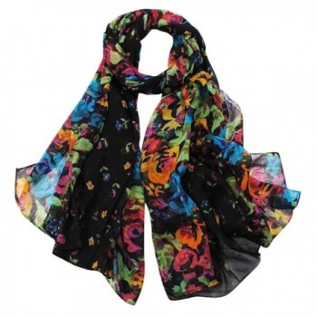 Aven Women Classy Cotton Voile Print Colorful Flowers Long Scarf Shawl Wrap - Black - CR122WFP9G7