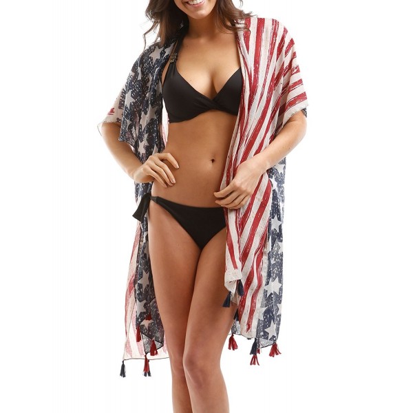 MIRMARU Women's Summer American Flag Beach Cover up Poncho Tunic Top Scarf Wrap. - Kimono - Usa Flag - CY180TSZC6A