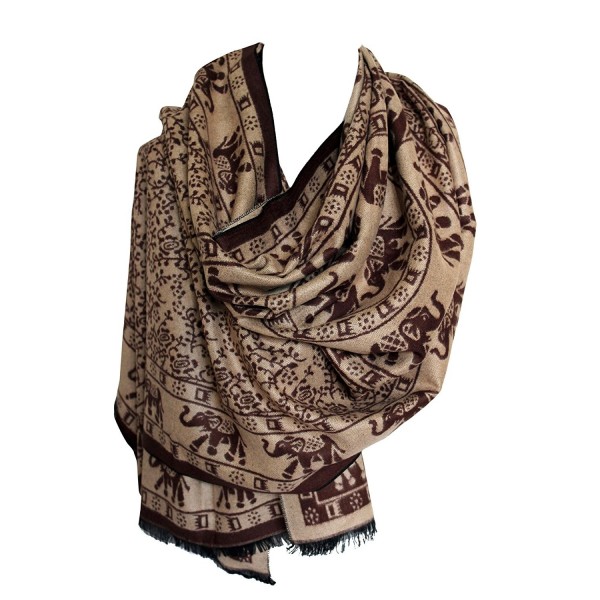 Indian Elephant Print Warm Fleece Cashmere Blend Wrap Shawl Scarf Stole Head Hijab - Brown Beige - CO129DNG0WN