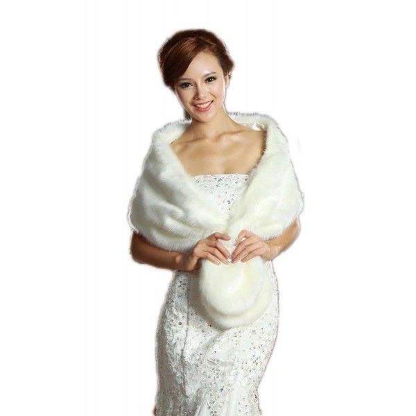 LuYan Women's Wedding Bridal Faux Fur Round Tail Fluffy Wrap - Ivory - C011EPALE3T