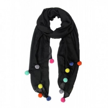 LOF Women's Solid Pom Pom Accent Oblong Scarf- 60"x27"- Black White - Black - CD1827GI89D