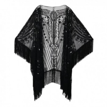 PrettyGuide Women's Evening Wrap Beaded 1920s Shawl Fringed Oversized Cover Up - Black - CD18985DHMS