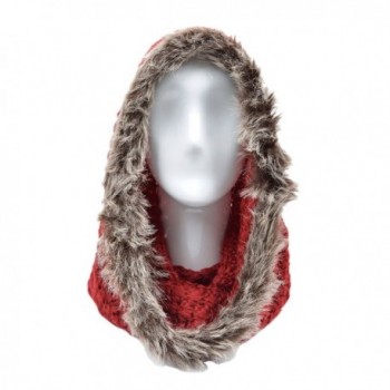 Solid Color Warm Knit Fur Trim Infinity Circle Scarf Hood Hoodie Hat - Burgundy - CR12C3S85TL