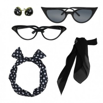 Retro 1950s Polka Dot Style Scarf Glasses Headband and Earrings Costume Accessories Set - Black - C5187D0YSQ0