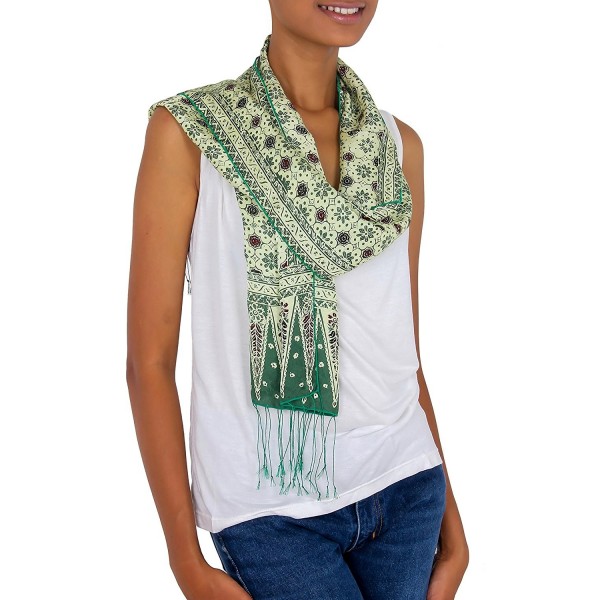 NOVICA Green 100% Silk Batik Scarf- 'Jade Jasmine' - CF11D8XH3UX