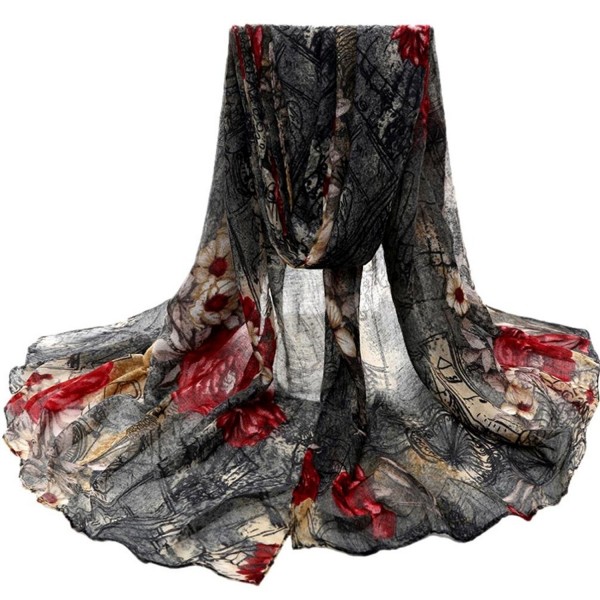 Scarves-Han Shi Women Fashion Flower Voile Scarves Long Stole Wraps Shawl Scarf Muffler - Black - CG186SASAGC