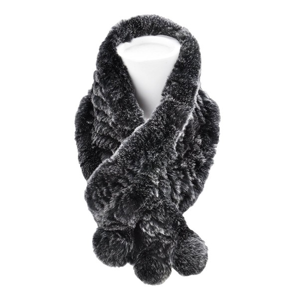 ZLYC Women's Winter Pull-Thru Rex Rabbit Fur Scarves Wrap Collar - Black - CT1876XN8LY