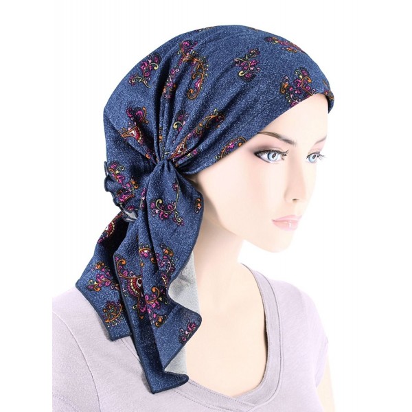 Turban Scarves Pre Tied Bandana Cancer - 26- Denim Swirl Floral Multi (Blended Knit) - CL180ADIXE2