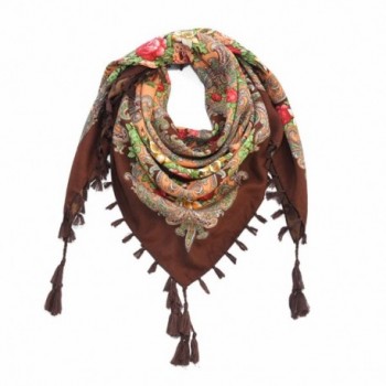 Women Scarf Vintage Trendy Fringe Big Square Long Warm Floral Scarves Shawl - Brown & Small - CB18698G8ZM