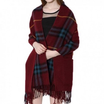 Cekaso Women's Plaid Shawl Reversible Wrap Blanket Fringed Oversize Pocket Scarf - Wine Red - CC12NH8U2RV