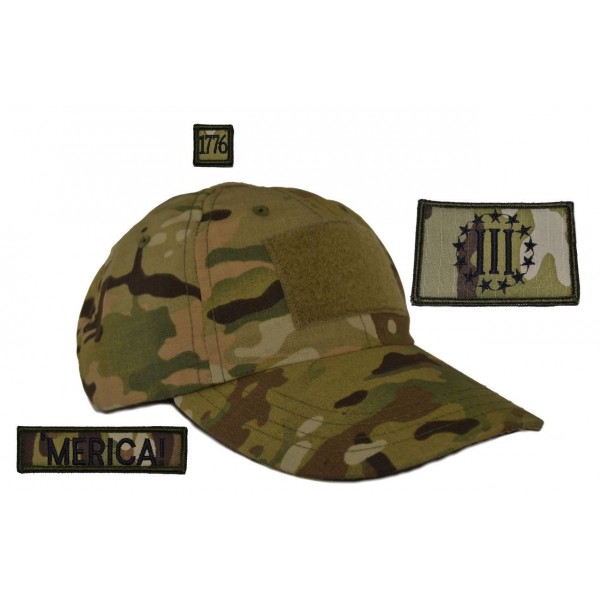 USA Made Tactical Operator Cap with Threeper Emblem 3 Percenter Patch Set - One Size Adjustable - Multicam - CJ11KSUW6F1