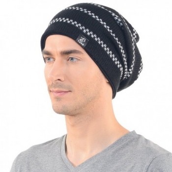 Mens Black Slouch Beanie Long Knit Cap Skull Winter Hat - CE11OOWEC1Z