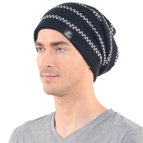 Mens Black Slouch Beanie Long Knit Cap Skull Winter Hat - CE11OOWEC1Z