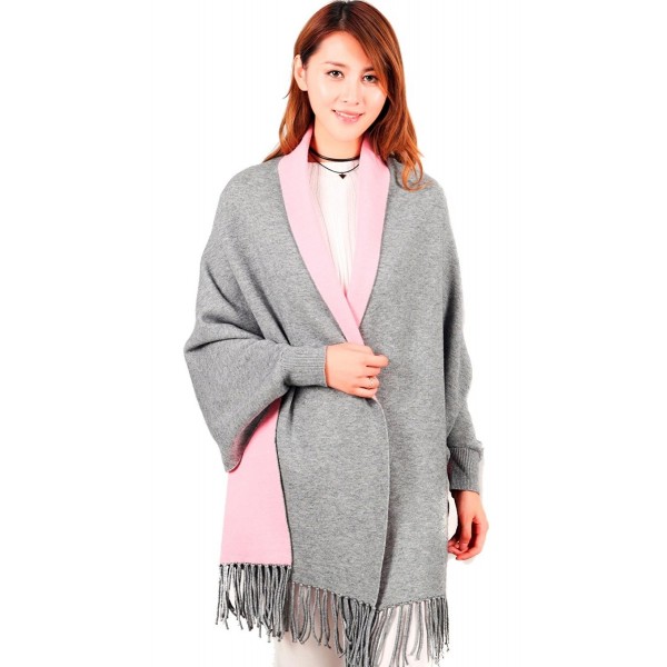 Women's Stylish Warm Blanket Wrap Shawl with Sleeves Scarf Neck Stole Pashmina Reversible Poncho Coat Grey/Pink - CN187ZRDAH6