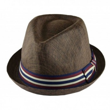 JJ Men's Upturn Brim Summer Fedora with Red Navy White Band Brown - C211WQIX3KP