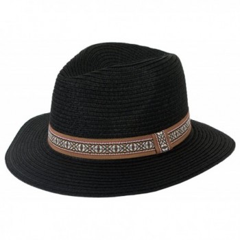 DRY77 Straw Large Brim Fedora Hat with Band - Black - C611XD4VYK7