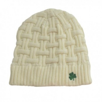 Man Of Aran Acrylic Basket Weave Beanie Hat Natural Colour With Green Shamrock - C512FW7LQZZ