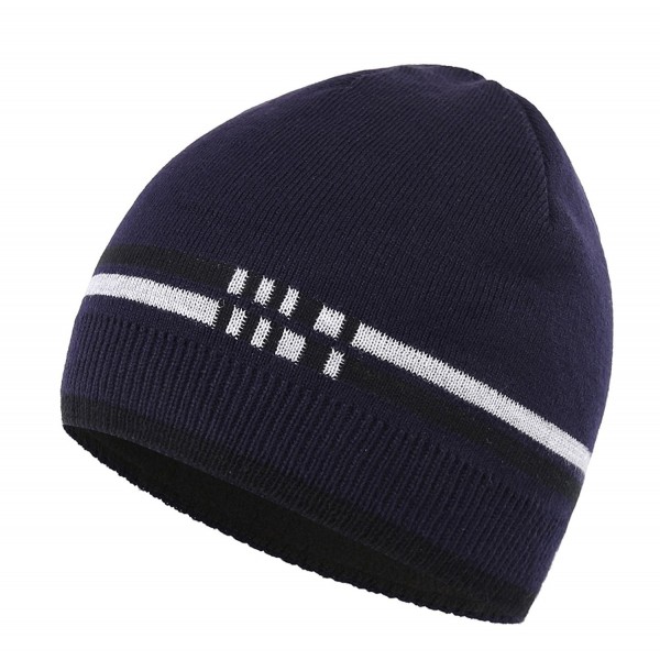 Connectyle Men's Daily Warm Winter Hats Thick Knit Beanie Cap With Lining Skull Cap - Navy Blue - CN12N26S58E