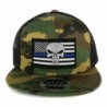 Punisher Thin Blue American Flag Embroidered Patch Camo Flat Bill Snapback Mesh Cap - Black - CY183A2KERC