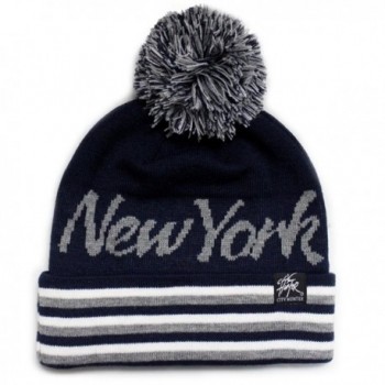 City Hunter Sk930 Stripe Script City Pom Knit Beanie Hat -New York (7 Colors) - Navy/Light Grey - CX11GHE74RH