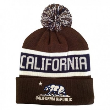 Great Cities Apparel California Republic Embroidered Knitted Long Cuffed Pom Beanie - Brown - C8129KSLLUH