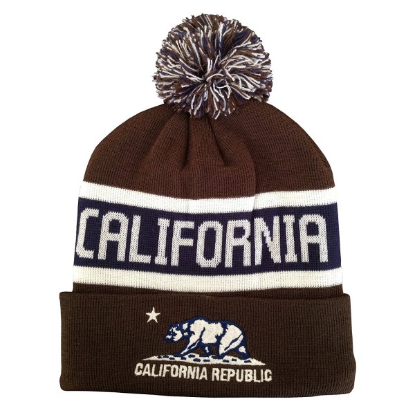 Great Cities Apparel California Republic Embroidered Knitted Long Cuffed Pom Beanie - Brown - C8129KSLLUH