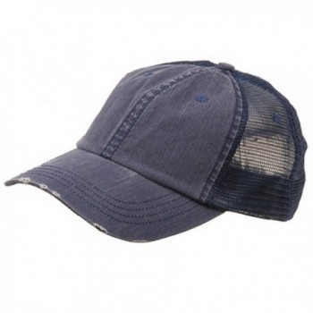 Wholesale Low Profile Unstructured Herringbone Cotton Twill Distressed Mesh Trucker Caps (Navy) - 19777 - CD111QRLZHF