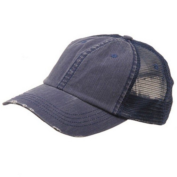 Wholesale Low Profile Unstructured Herringbone Cotton Twill Distressed Mesh Trucker Caps (Navy) - 19777 - CD111QRLZHF